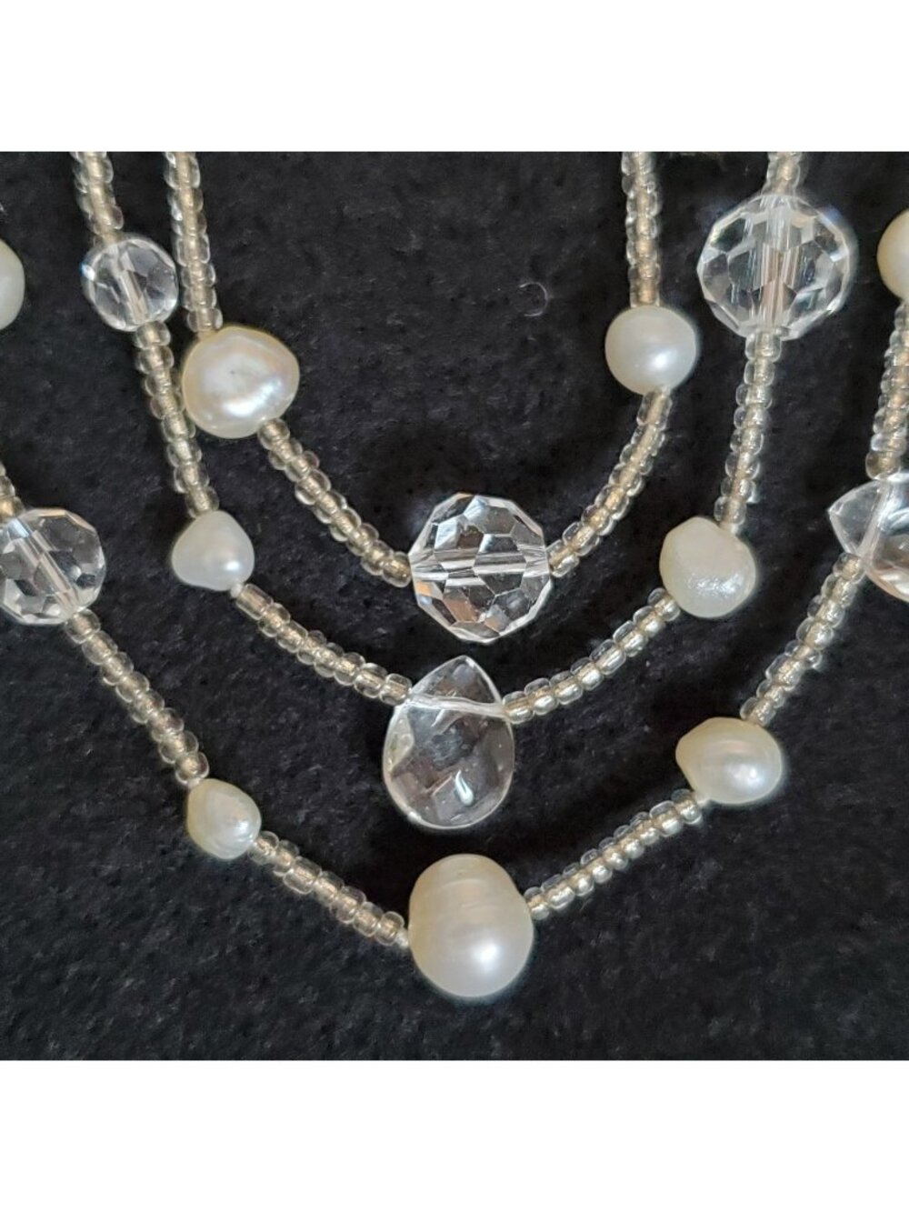Faceted Glass Beaded Necklace Set of 3 Clear White Pearl 24"